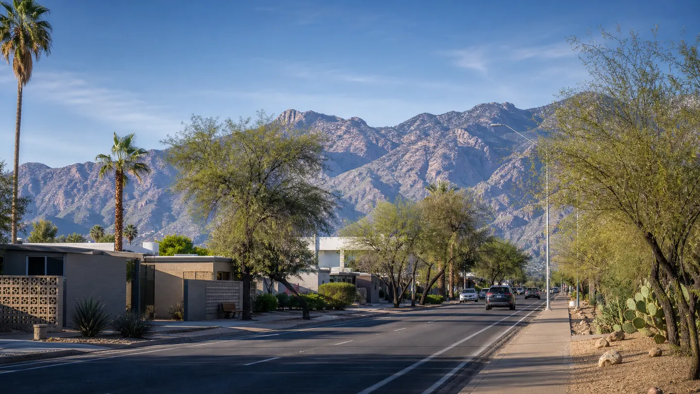 Midtown Tucson streetscape with the Catalina Mountains