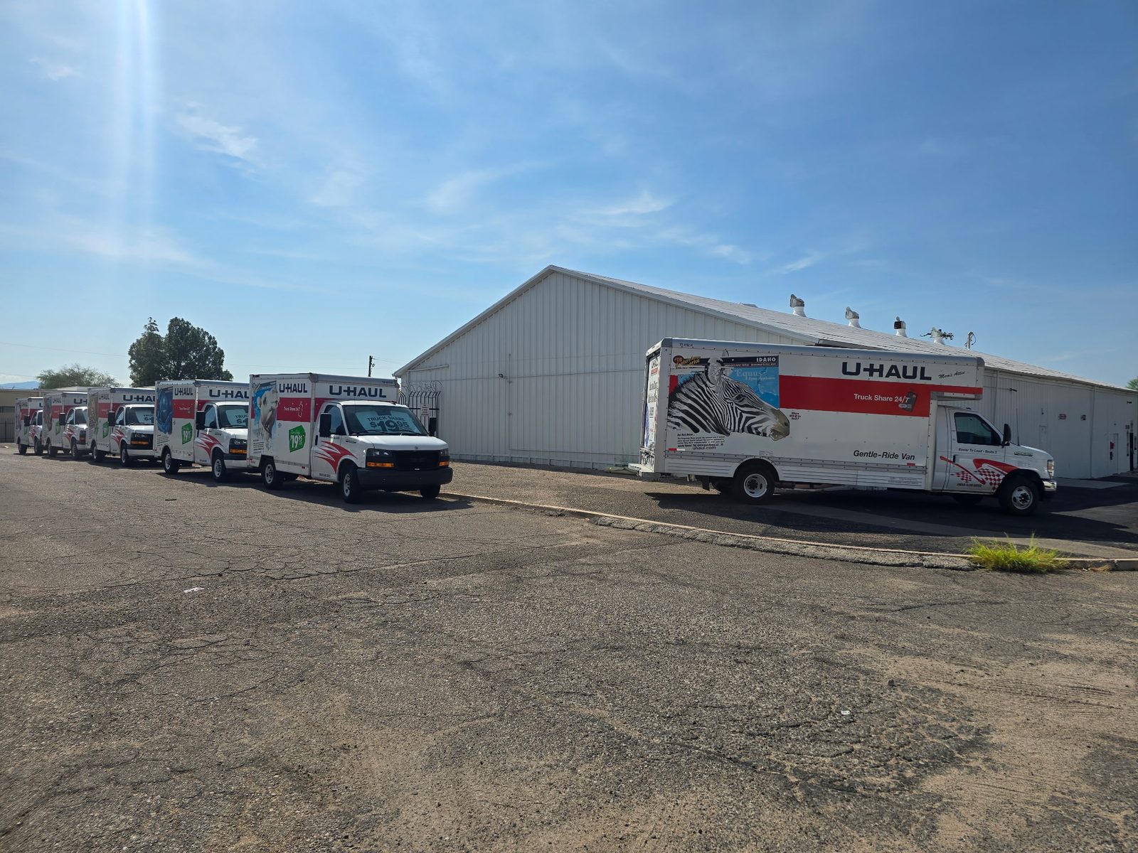 The U-Haul rental fleet parked alongside the main storage building at the Tucson facility