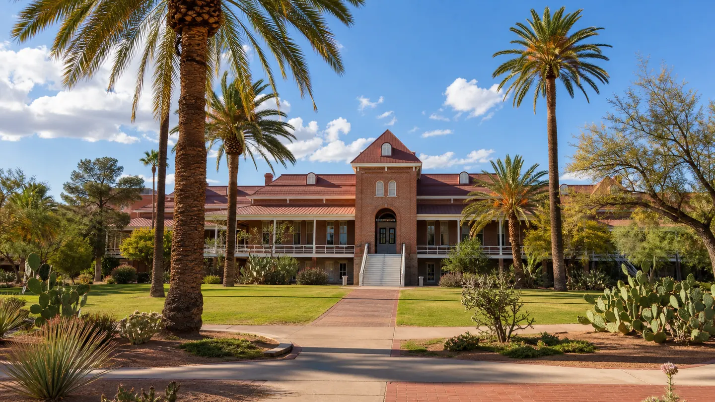 Old Main and palm-lined grounds at the University of Arizona in Tucson